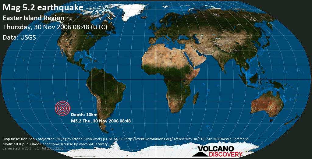 Moderate mag. 5.2 earthquake - Easter Island Region (Chile) on Thursday, 30 November 2006 at 08:48 (GMT)