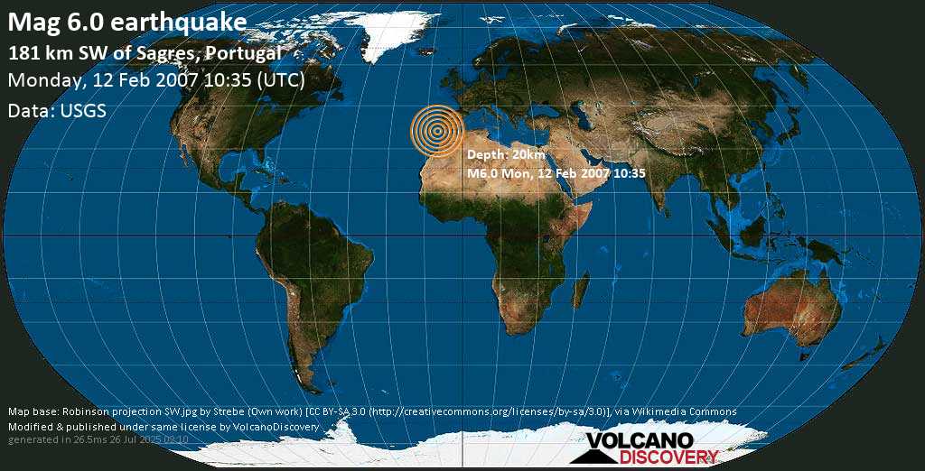 Strong mag. 6.0 earthquake - Azores-Cape St. Vincent Ridge (Portugal) on Monday, 12 February 2007 at 10:35 (GMT)