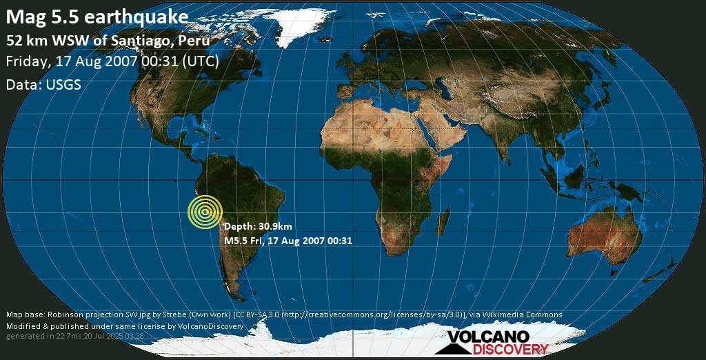 Moderate mag. 5.5 earthquake - Near the Coast of Central Peru on Friday, 17 August 2007 at 00:31 (GMT)