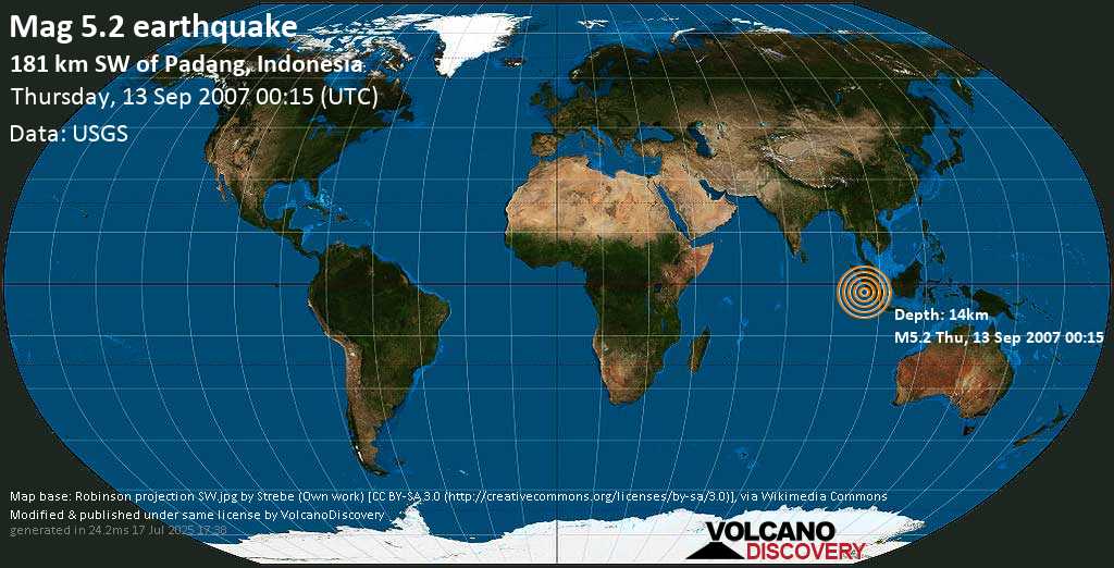 Terremoto forte mag. 5.2 - Indian Ocean, 22 km a sud ovest da Pulau Pittojat , Sumatera Barat, Indonesia, giovedì, 13 settembre 2007
