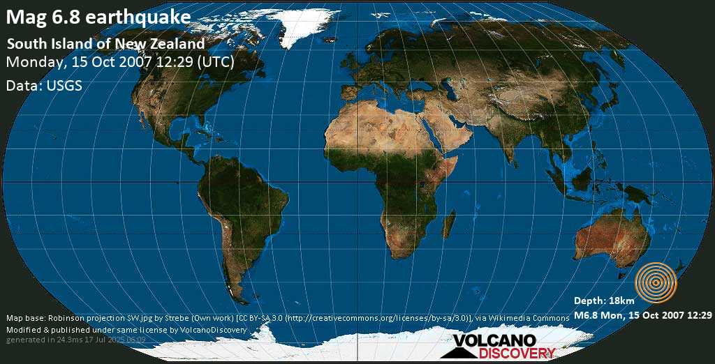 Strong mag. 6.8 earthquake - South Island of New Zealand on Monday, 15 October 2007 at 12:29 (GMT)
