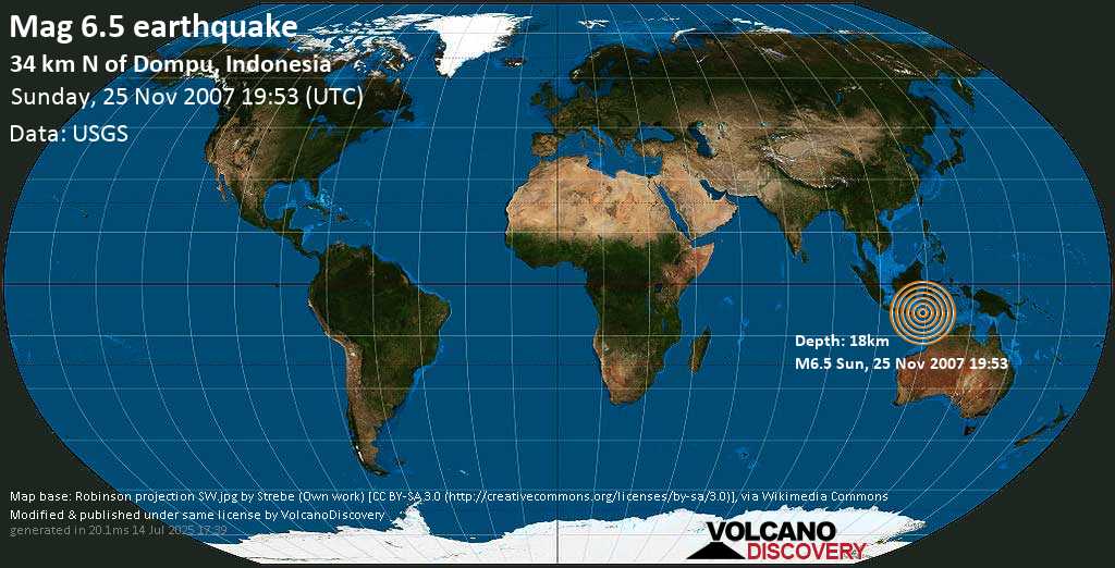 Very strong mag. 6.5 earthquake - 35 km north of Dompu, West Nusa Tenggara, Indonesia, on Sunday, November 25, 2007 at 19:53 GMT