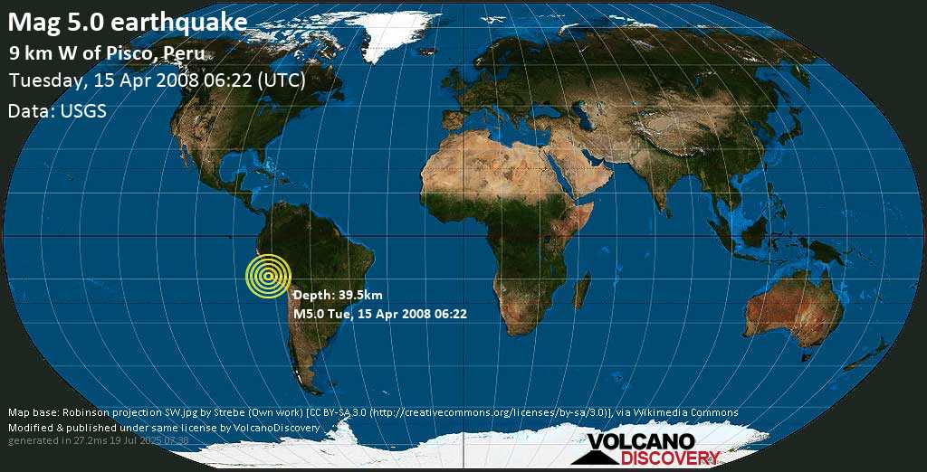 Moderate mag. 5.0 earthquake - Near the Coast of Central Peru on Tuesday, 15 April 2008 at 06:22 (GMT)