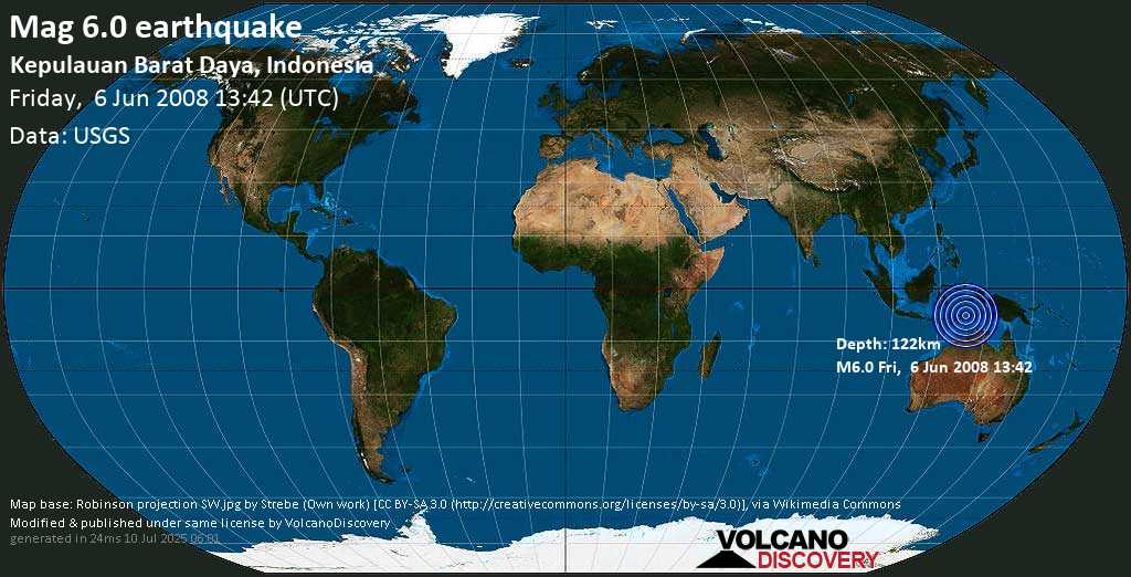 Strong mag. 6.0 earthquake - Banda Sea, 53 km east of Pulau Romang Island, Maluku, Indonesia, on Friday, June 6, 2008 at 13:42 (GMT)