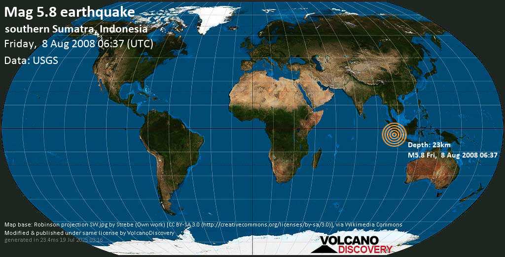 Moderato terremoto magnitudine 5.8 - Indian Ocean, 133 km a ovest da Bengkulu, Indonesia, venerdì, 08 agosto 2008