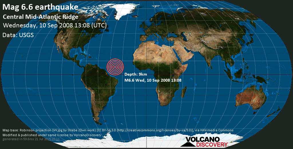 Strong mag. 6.6 earthquake - Central Mid-Atlantic Ridge on Wednesday, 10 September 2008