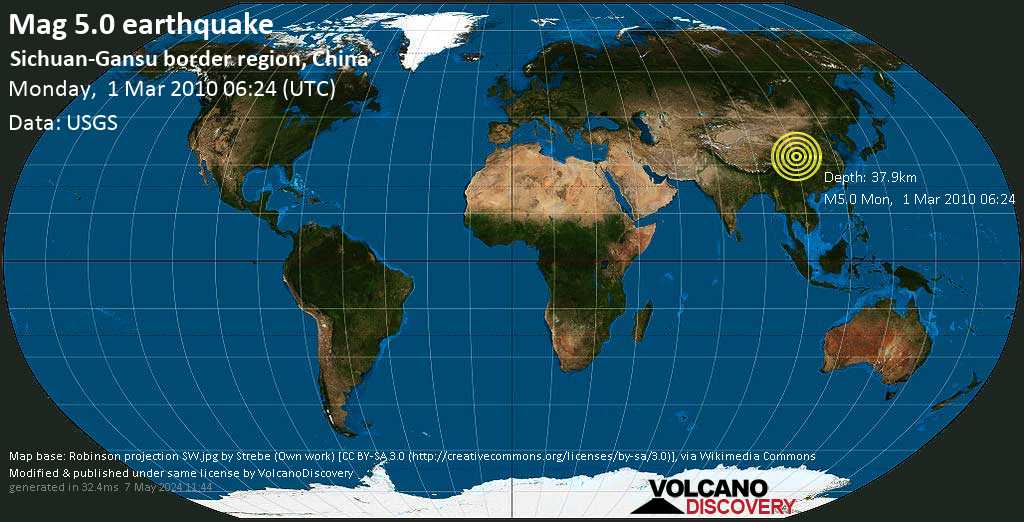 Séisme modéré mag. 5.0 - 63 km à l\'ouest de Guangyuan, Province de Sichuan, Chine, lundi, le 01 mars 2010 06:24