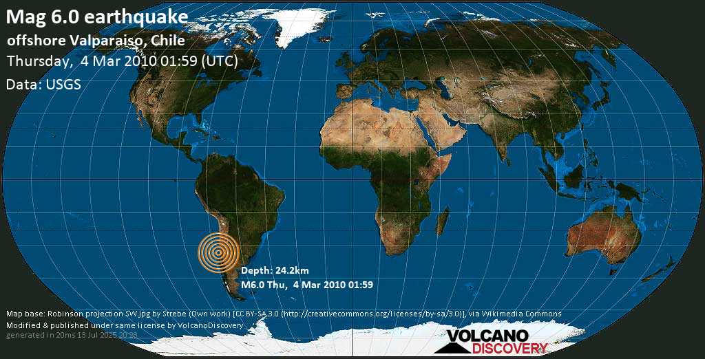 Strong mag. 6.0 earthquake - South Pacific Ocean, 50 km southwest of Valparaiso, Chile, on Thursday, 4 March 2010 at 01:59 (GMT)