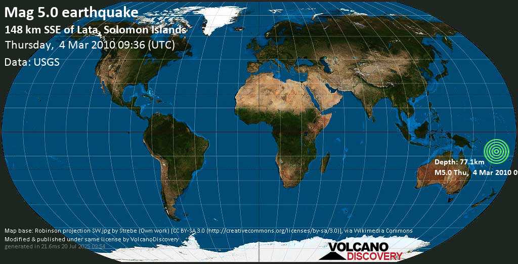 Moderate mag. 5.0 earthquake - Coral Sea, Solomon Islands, on Thursday, 4 March 2010 at 09:36 (GMT)
