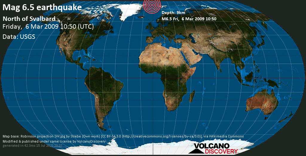 Tremblement de terre majeur magnitude 6.5 - Groenland, 429 km au nord-ouest de Longyearbyen, Spitsbergen, Svalbard, vendredi, le 06 mars 2009 10:50