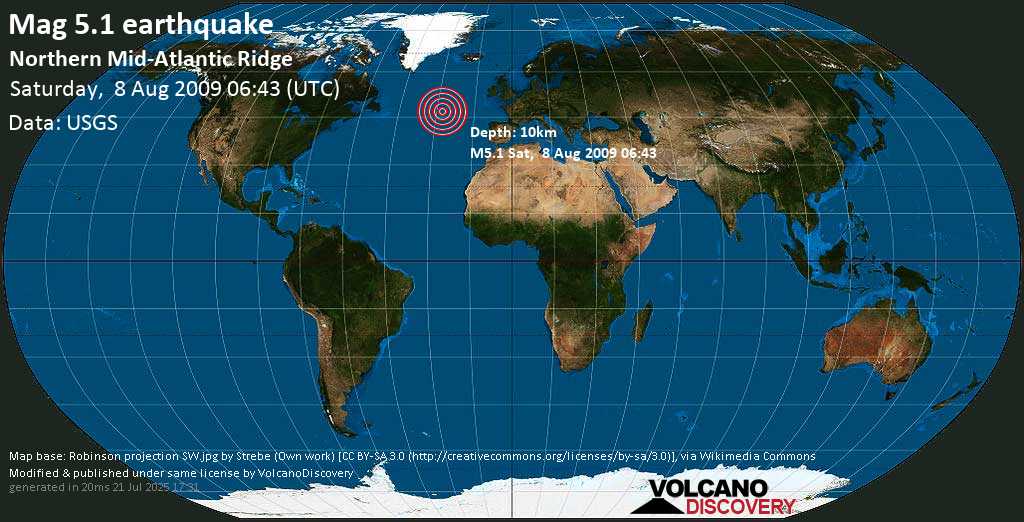 Moderate mag. 5.1 earthquake - Northern Mid-Atlantic Ridge on Saturday, 8 August 2009