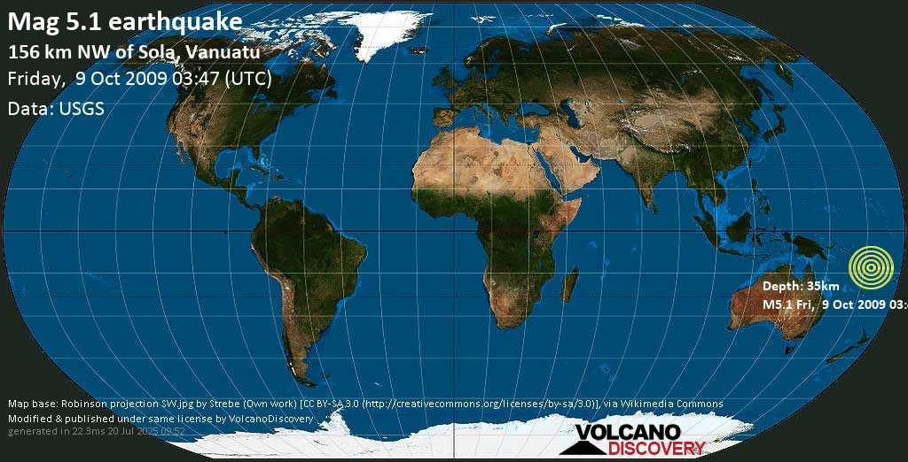 Moderate mag. 5.1 earthquake - Coral Sea, 575 km north of Port Vila, Shefa Province, Vanuatu, on Friday, 9 October 2009 at 03:47 (GMT)