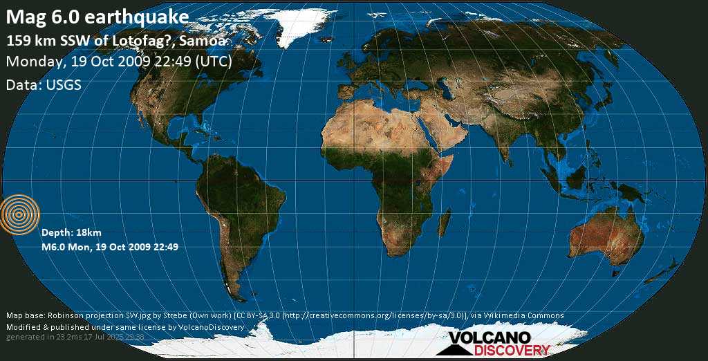 Terremoto muy fuerte magnitud 6.0 - South Pacific Ocean, 178 km SSW of Apia, Tuamasaga, Samoa, lunes, 19 oct. 2009