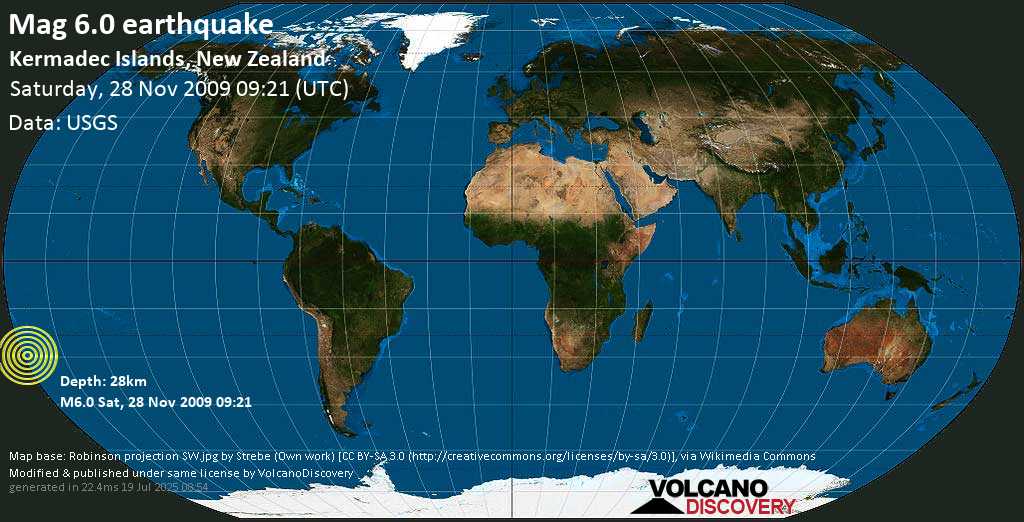 Strong mag. 6.0 earthquake - South Pacific Ocean, 1534 km northeast of Wellington, Wellington City, New Zealand, on Saturday, 28 November 2009 at 09:21 (GMT)