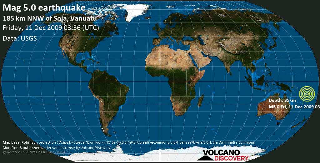 Moderate mag. 5.0 earthquake - Coral Sea, 616 km north of Port Vila, Shefa Province, Vanuatu, on Friday, 11 December 2009 at 03:36 (GMT)