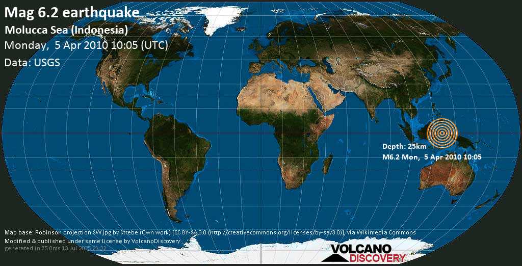 Strong mag. 6.2 earthquake - Molucca Sea, 2125 km east of Jakarta, Indonesia, on Monday, 5 April 2010 at 10:05 (GMT)