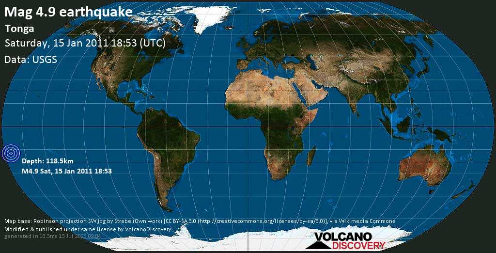 Mag. 4.9 earthquake - South Pacific Ocean, 449 km north of Nuku\'alofa, Tongatapu, on Saturday, 15 January 2011 at 18:53 (GMT)