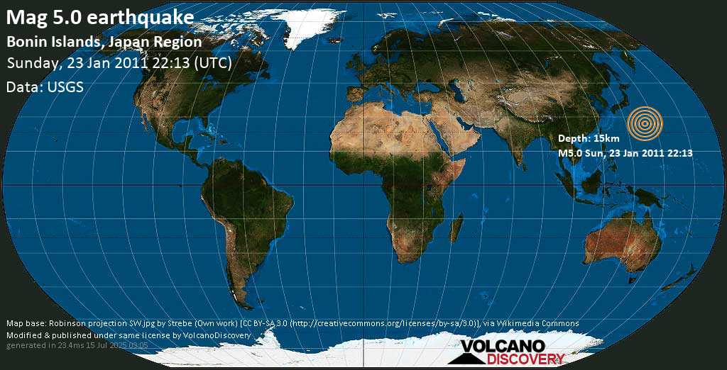 Strong mag. 5.0 earthquake - North Pacific Ocean, 1069 km southeast of Tokyo, Japan, on Sunday, 23 January 2011 at 22:13 (GMT)