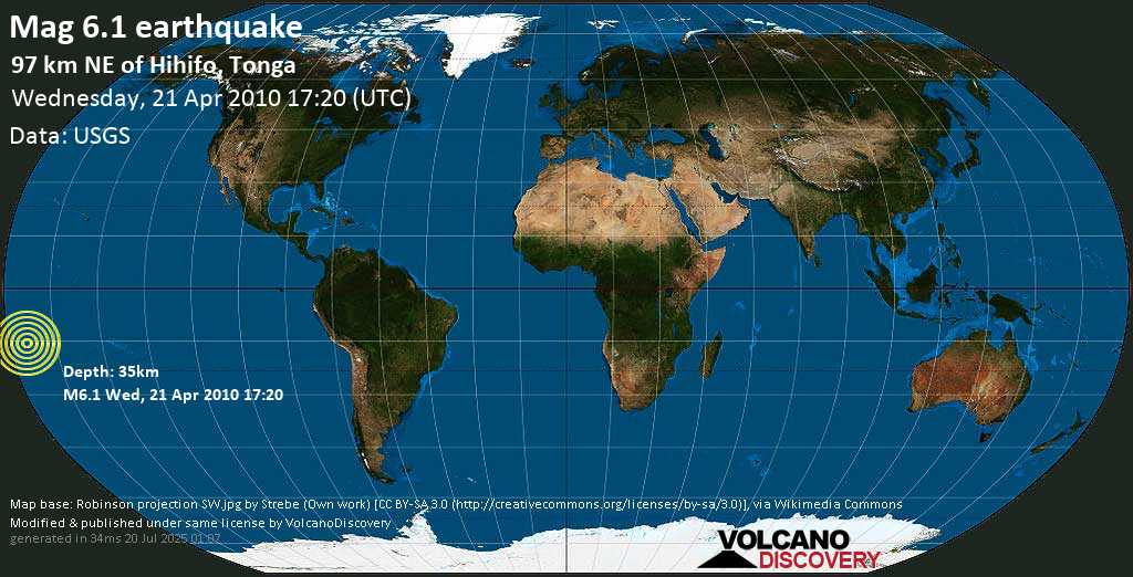 Strong mag. 6.1 earthquake - Tonga (Samoa) on Wednesday, 21 April 2010 at 17:20 (GMT)