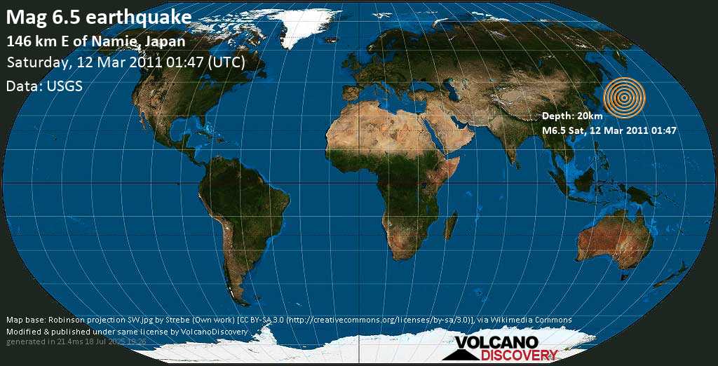Very strong mag. 6.5 earthquake - North Pacific Ocean, 338 km northeast of Tokyo, Japan, on Saturday, March 12, 2011 at 01:47 (GMT)