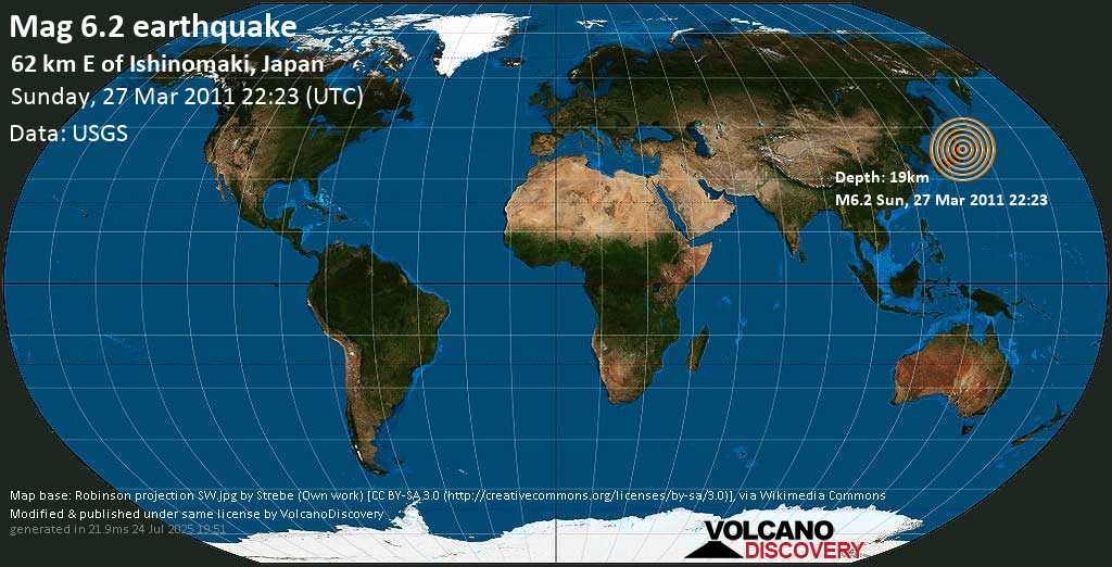 Very strong mag. 6.2 earthquake - North Pacific Ocean, 36 km east of Kasakai-jima Island, Japan, on Sunday, March 27, 2011 at 22:23 (GMT)