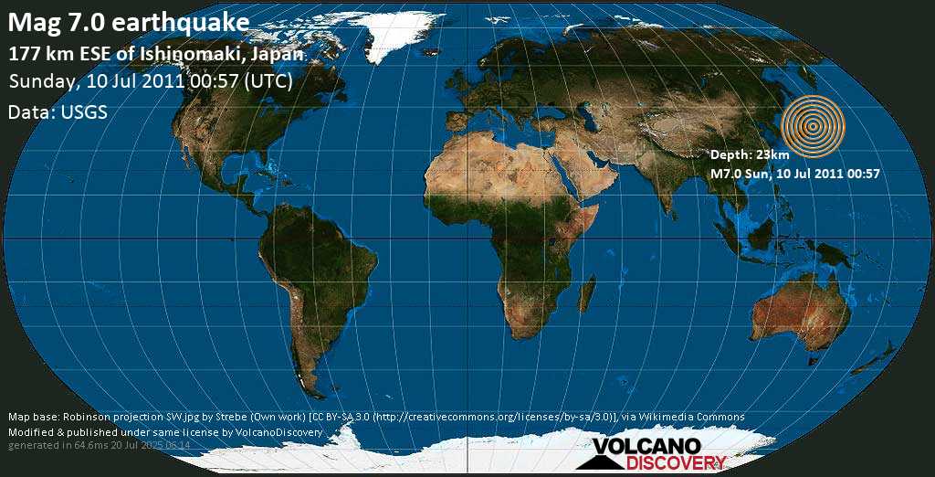Major magnitude 7.0 earthquake - North Pacific Ocean, 411 km northeast of Tokyo, Japan, on Sunday, Jul 10, 2011 12:57 am (GMT +0)