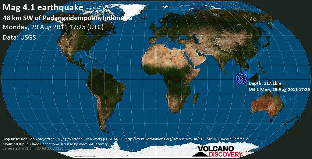 Mag. 4.1 earthquake - Northern Sumatra, Indonesia, on Monday, 29 August 2011 at 17:25 (GMT)