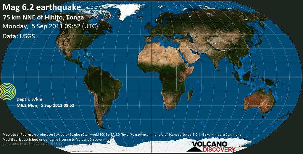 Strong mag. 6.2 earthquake - Tonga (Samoa) on Monday, 5 September 2011 at 09:52 (GMT)