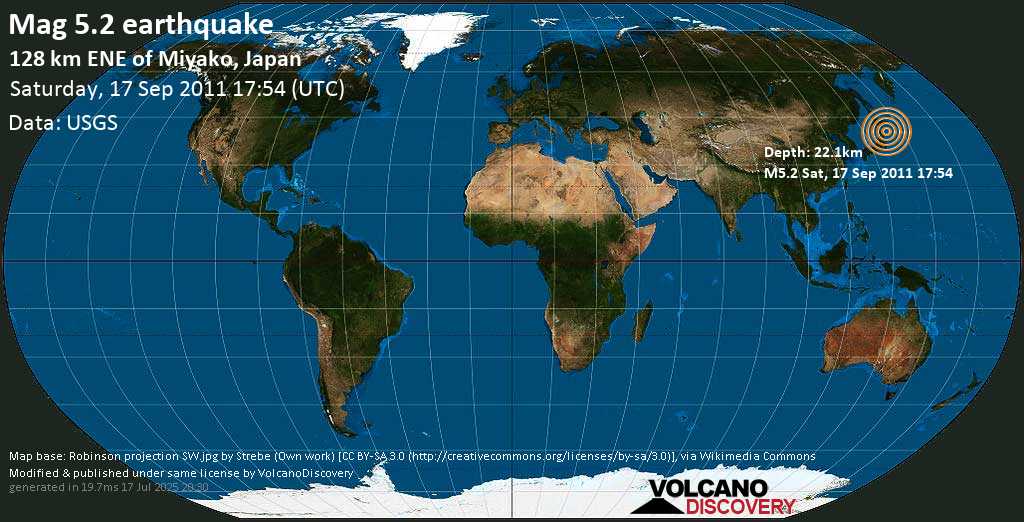 Moderate mag. 5.2 earthquake - North Pacific Ocean, 594 km northeast of Tokio, Tokyo, Japan, on Saturday, 17 September 2011 at 17:54 (GMT)