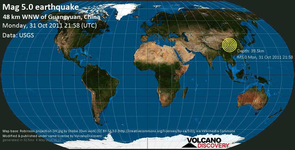 Séisme modéré mag. 5.0 - 48 km à l\'ouest de Guangyuan, Province de Sichuan, Chine, lundi, le 31 octobre 2011 21:58