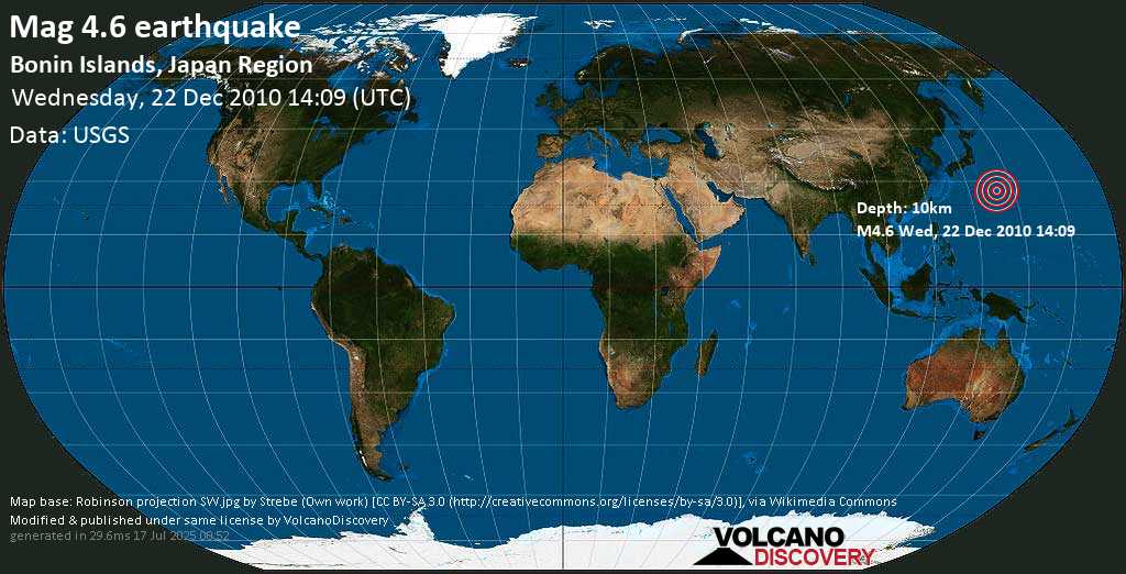 Mag. 4.6 earthquake - North Pacific Ocean, 1023 km south of Tokyo, Japan, on Wednesday, 22 December 2010 at 14:09 (GMT)