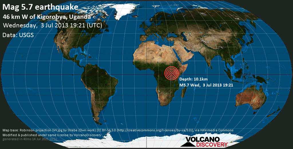 Moderato terremoto magnitudine 5.7 - 58 km a ovest da Hoima, Western Region, Uganda, mercoledì, 03 luglio 2013