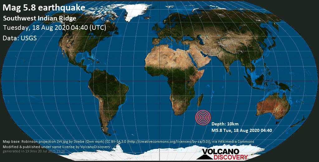 Moderate mag. 5.8 earthquake - Southwest Indian Ridge on Tuesday, 18 August 2020
