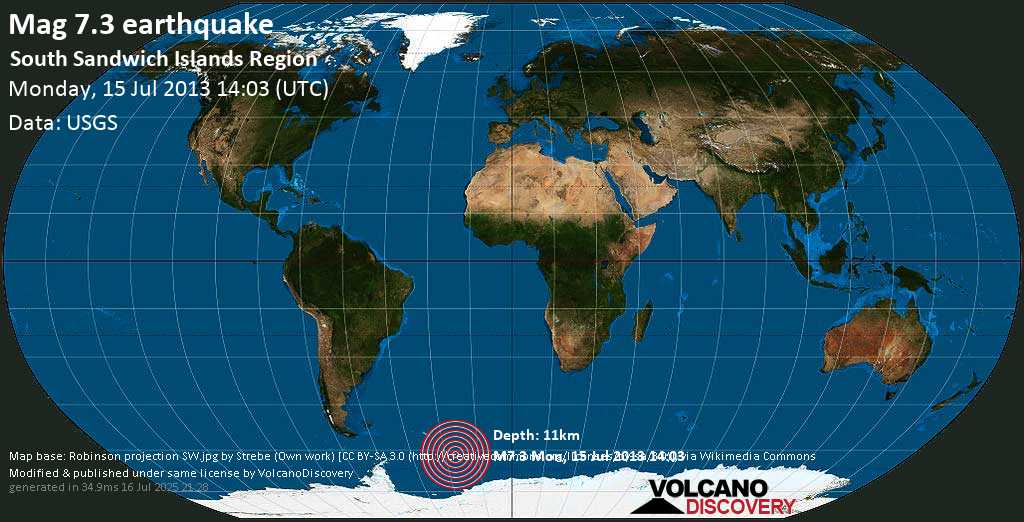 Major magnitude. 7.3 earthquake - South Atlantic Ocean, South Georgia & South Sandwich Islands, on Monday, July 15, 2013 12:03:43