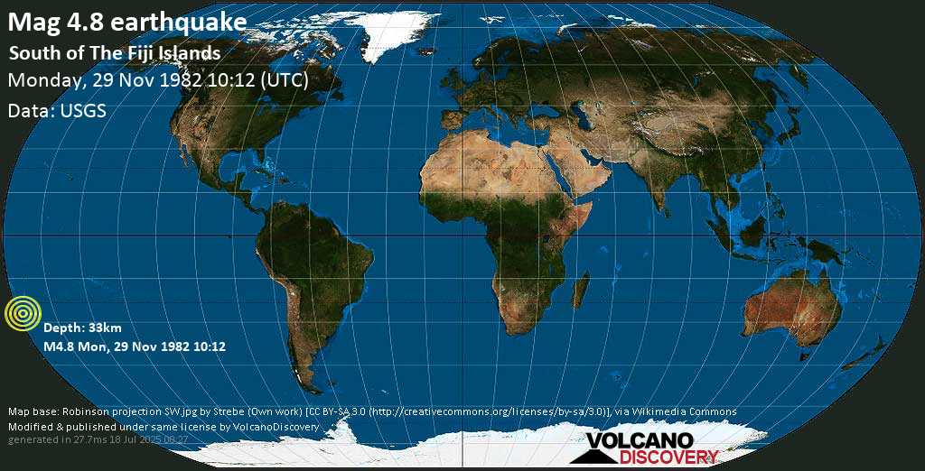 Mag. 4.8 earthquake - South of the Fiji Islands (New Zealand) on Monday, 29 November 1982 at 10:12 (GMT)