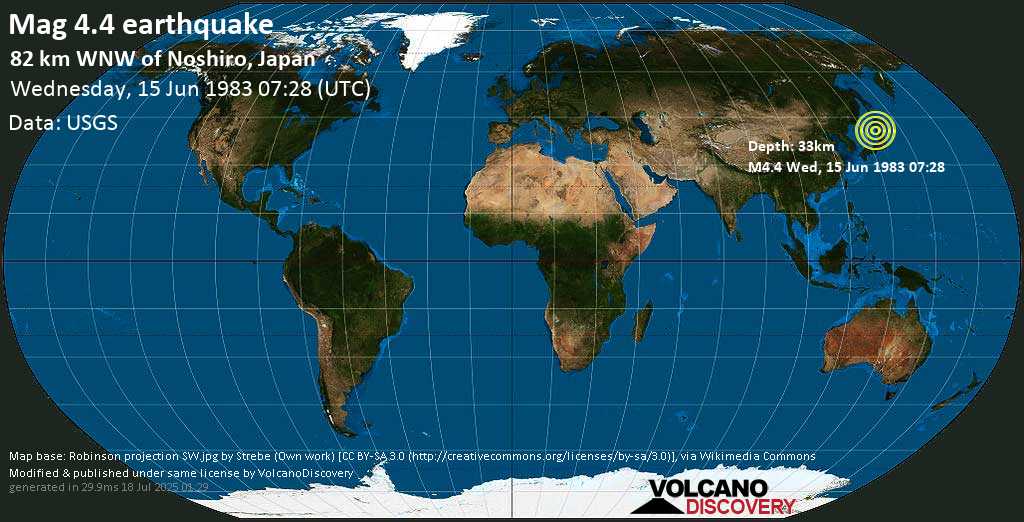 Light mag. 4.4 earthquake - 82 km west of Noshiro, Akita, Japan, on Wednesday, June 15, 1983 at 07:28 GMT