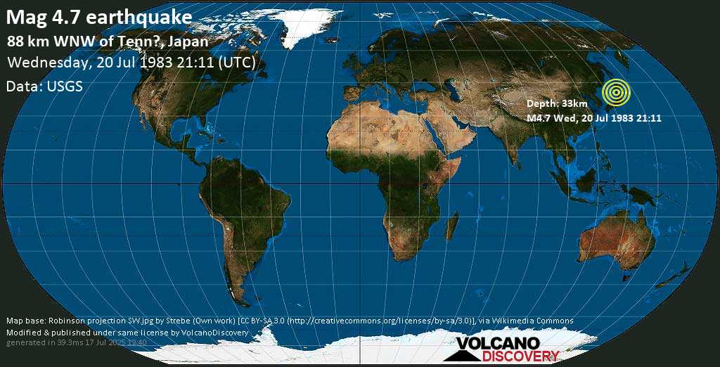Moderate mag. 4.7 earthquake - Japan Sea, 92 km west of Noshiro, Akita, Japan, on Wednesday, 20 July 1983 at 21:11 (GMT)