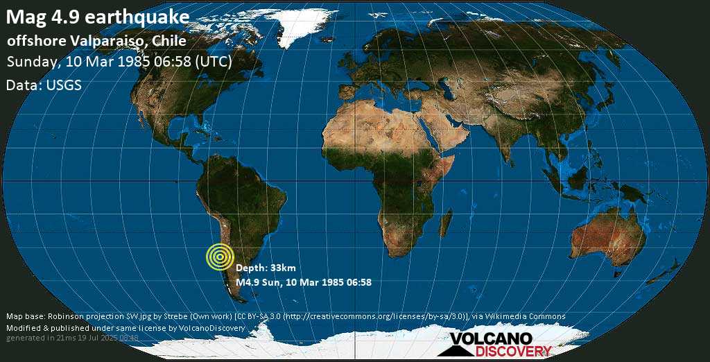 Moderate mag. 4.9 earthquake - South Pacific Ocean, 55 km southwest of San Antonio, Valparaiso, Chile, on Sunday, 10 March 1985 at 06:58 (GMT)