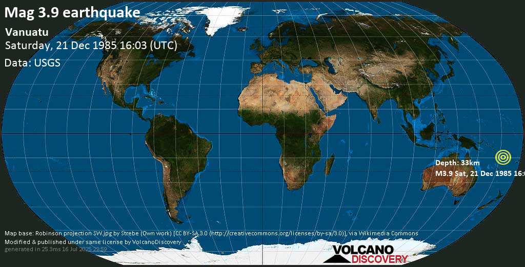 Light mag. 3.9 earthquake - Coral Sea, 99 km northwest of Port-Olry, Sanma Province, Vanuatu, on Saturday, 21 December 1985 at 16:03 (GMT)