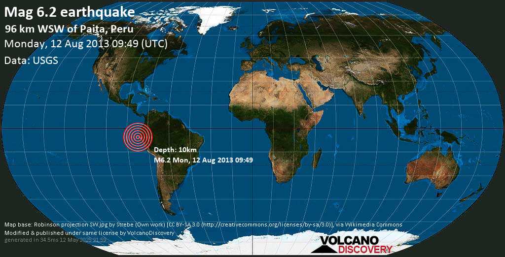 Very strong mag. 6.1 earthquake - South Pacific Ocean, 90 km west of Paita, Piura, Peru, on Monday, August 12, 2013 04:49:32