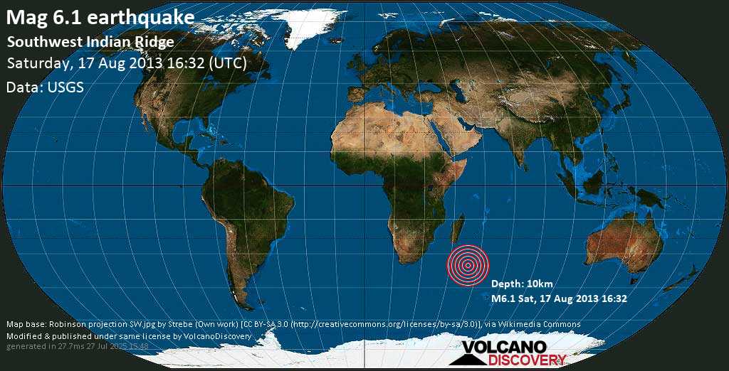 Forte terremoto magnitudine 6.1 - Indian Ocean, sabato, 17 agosto 2013