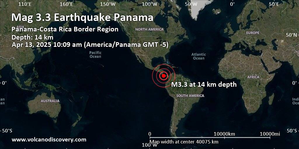 Light Mag. 3.3 Earthquake - 45 km West of David, Chiriqui, Panama, on