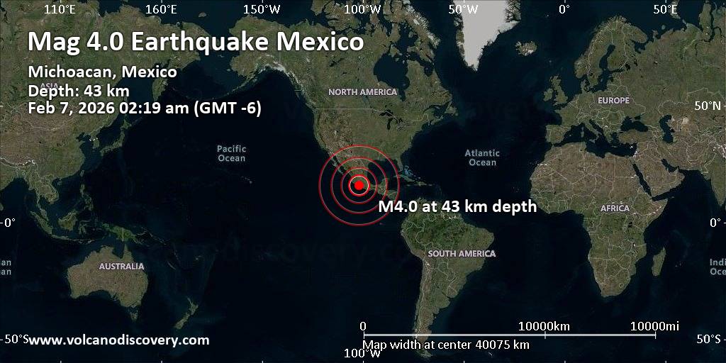 Moderate mag. 4.0 earthquake - 41 km northeast of Ciudad Lazaro Cardenas, Estado de Michoacan de Ocampo, Mexico, on Saturday, Feb 7, 2026, at 02:19 am (GMT -6)