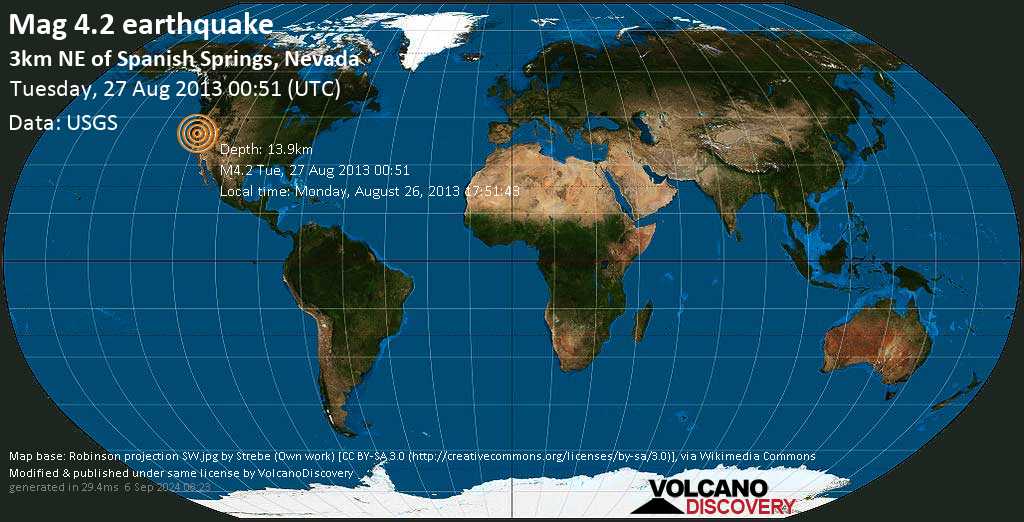 Earthquake Info M4 2 Earthquake On Tuesday 27 August 13 00 51 Utc 3km Ne Of Spanish Springs Nevada 5 Experience Reports Volcanodiscovery