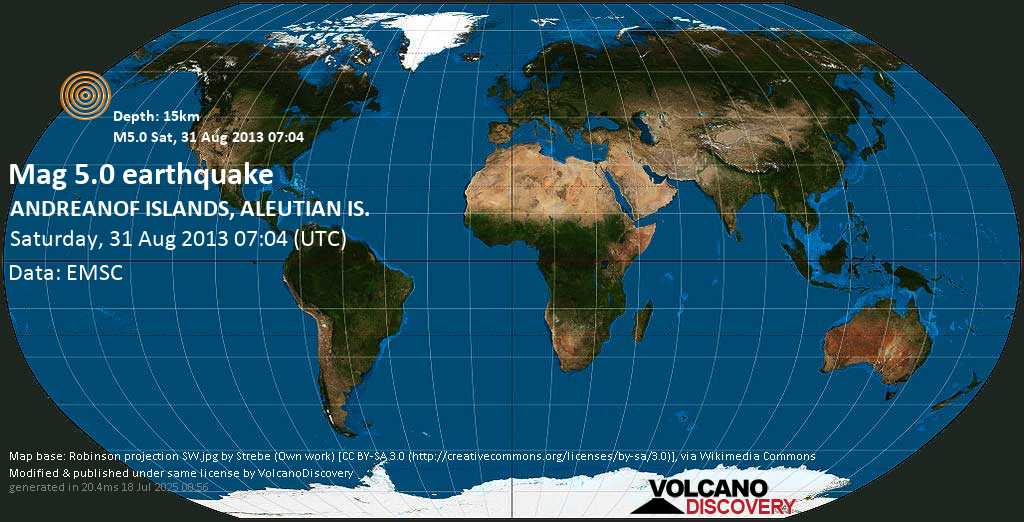Strong mag. 5.0 earthquake - Bering Sea, 20 mi southeast of Oglodak Island, Aleutians West County, Alaska, USA, on Saturday, 31 August 2013 at 07:04 (GMT)