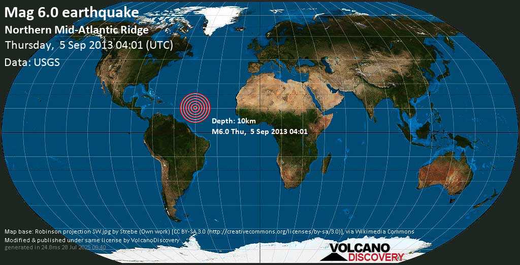 Forte terremoto magnitudine 6.0 - North Atlantic Ocean, giovedì, 05 settembre 2013