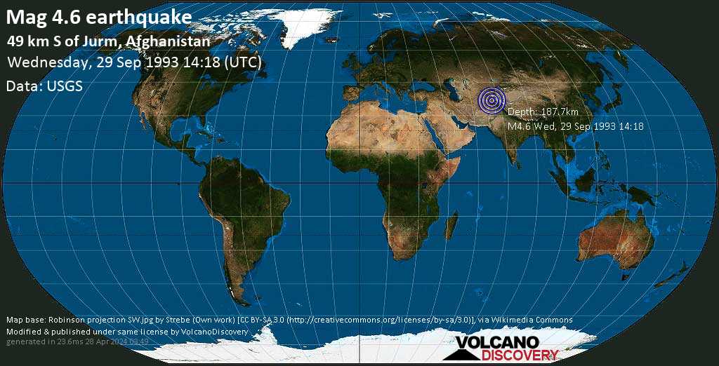 Light mag. 4.6 earthquake - Yamgān, 82 km south of Faizabad, Faīẕābād, Badakhshan, Afghanistan, on Wednesday, September 29, 1993 at 14:18 GMT