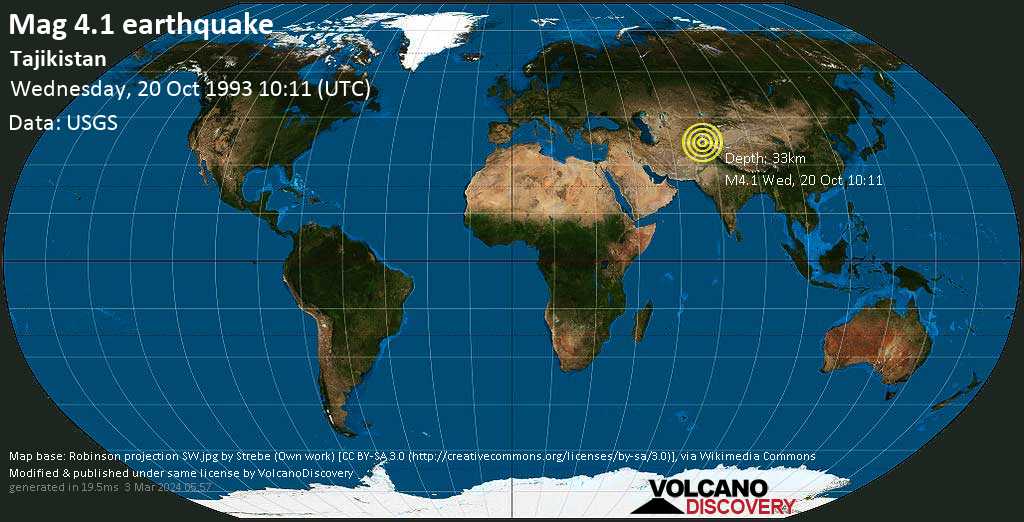 Light mag. 4.1 earthquake - 12 km north of Ishqoshim, Ishkoshim, Gorno-Badakhshan, Tajikistan, on Wednesday, October 20, 1993 at 10:11 GMT