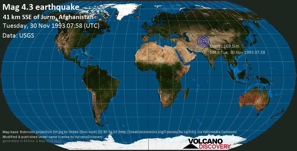 Light mag. 4.3 earthquake - Jurm, 77 km southeast of Faizabad, Faīẕābād, Badakhshan, Afghanistan, on Tuesday, November 30, 1993 at 07:58 GMT