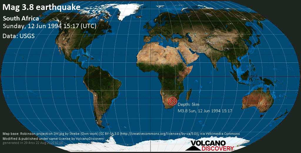 Quake Info Moderate Mag 3 8 Earthquake 10 2 Km East Of Carletonville South Africa On Sunday 12 June 1994 At 15 17 Gmt Volcanodiscovery